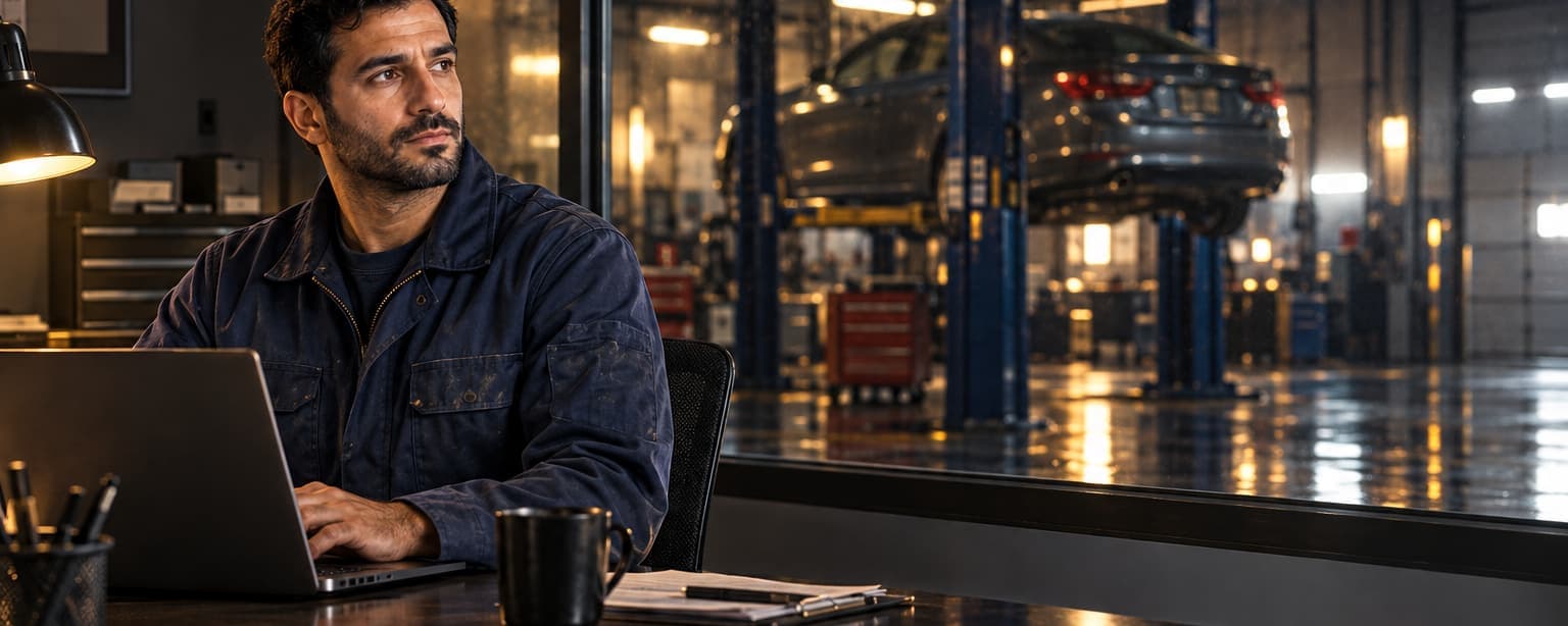 An auto repair shop owner in his thirties at the desk in his shop office at night typing on a laptop, a lift and a car visible through the window behind him