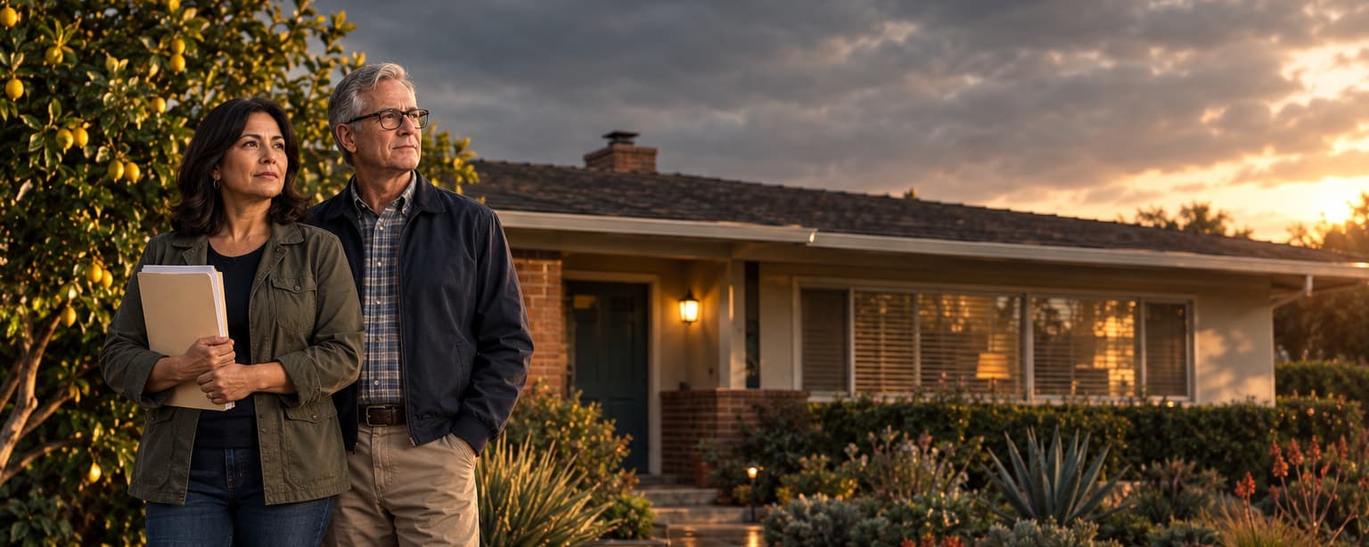 A woman in her fifties holding a folder of papers stands with her husband on the front walk of a single-story California ranch house in late afternoon light, a lemon tree in the yard