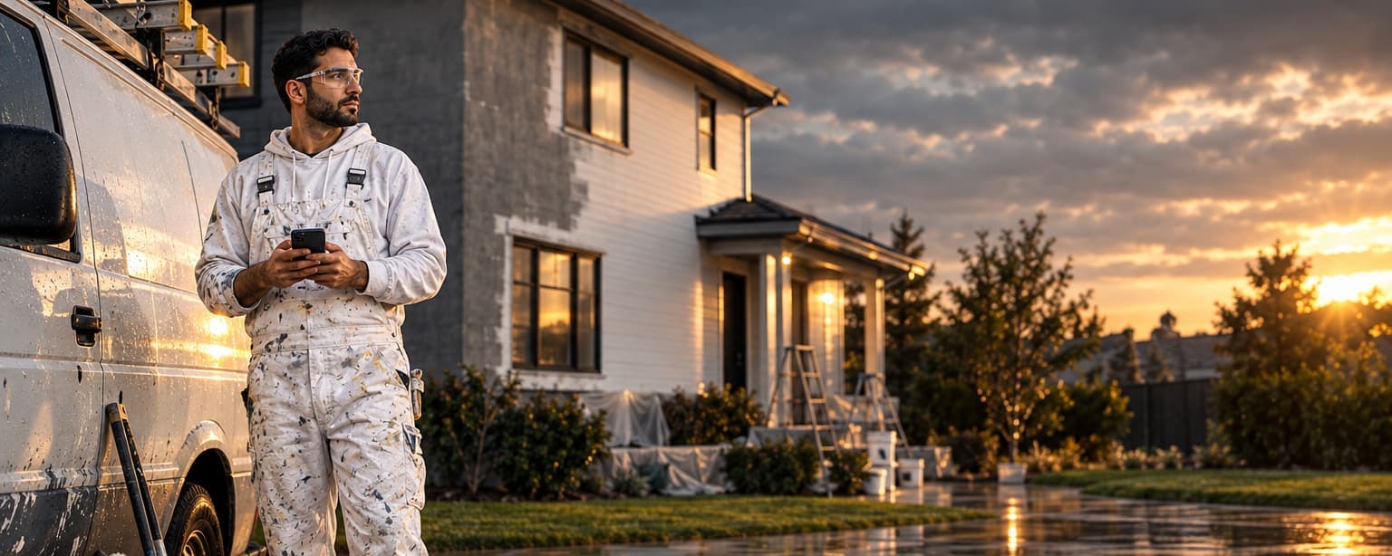 A painting contractor in paint-spattered whites standing beside his work van with ladders on the roof, reading his company website on his phone, a half-painted house behind him