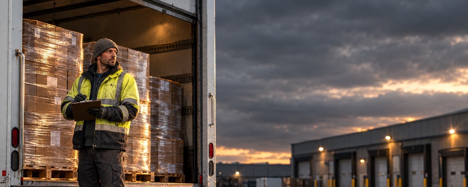 A driver in a high-visibility jacket standing in the open back of a box truck at a loading dock at dusk, a clipboard in hand and shrink-wrapped pallets of freight behind him