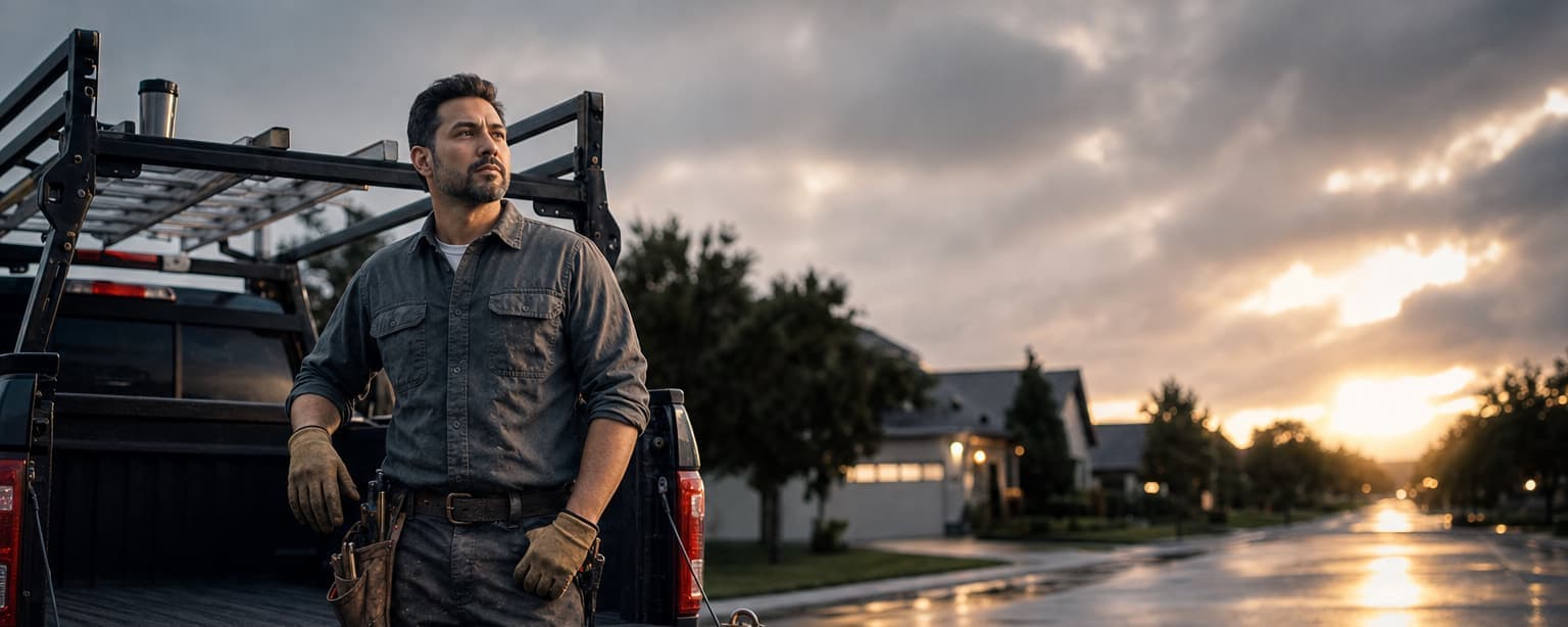 A contractor in a work shirt and tool belt leaning on the open tailgate of his pickup at dawn, the ladder rack and truck bed stripped empty, a cut padlock on the wet street beside the rear tire