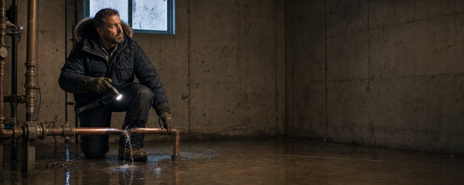 A building manager in a parka crouched at a burst copper pipe in an unheated utility room, water pooled on the floor, frost on the window behind him