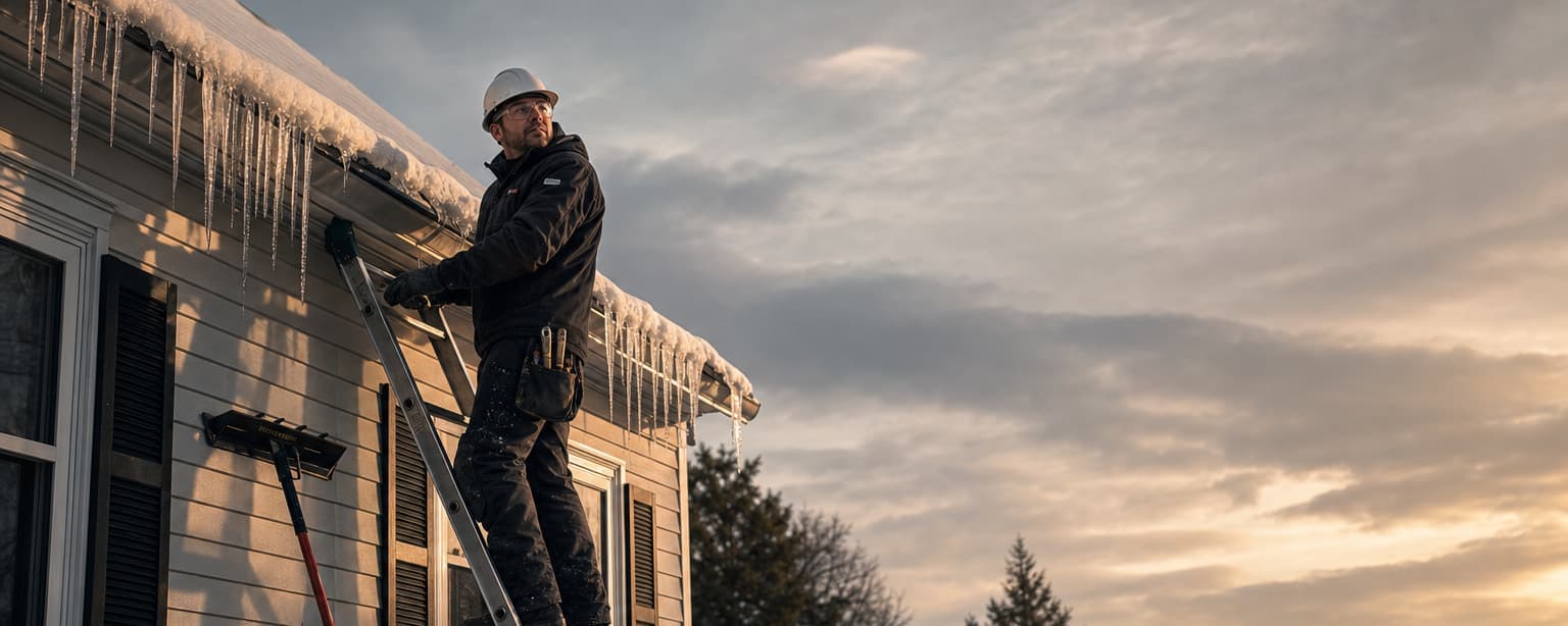 A contractor on a ladder against a snow-covered eave, a thick ridge of ice and icicles along the gutter, a roof rake leaning on the clapboard wall below