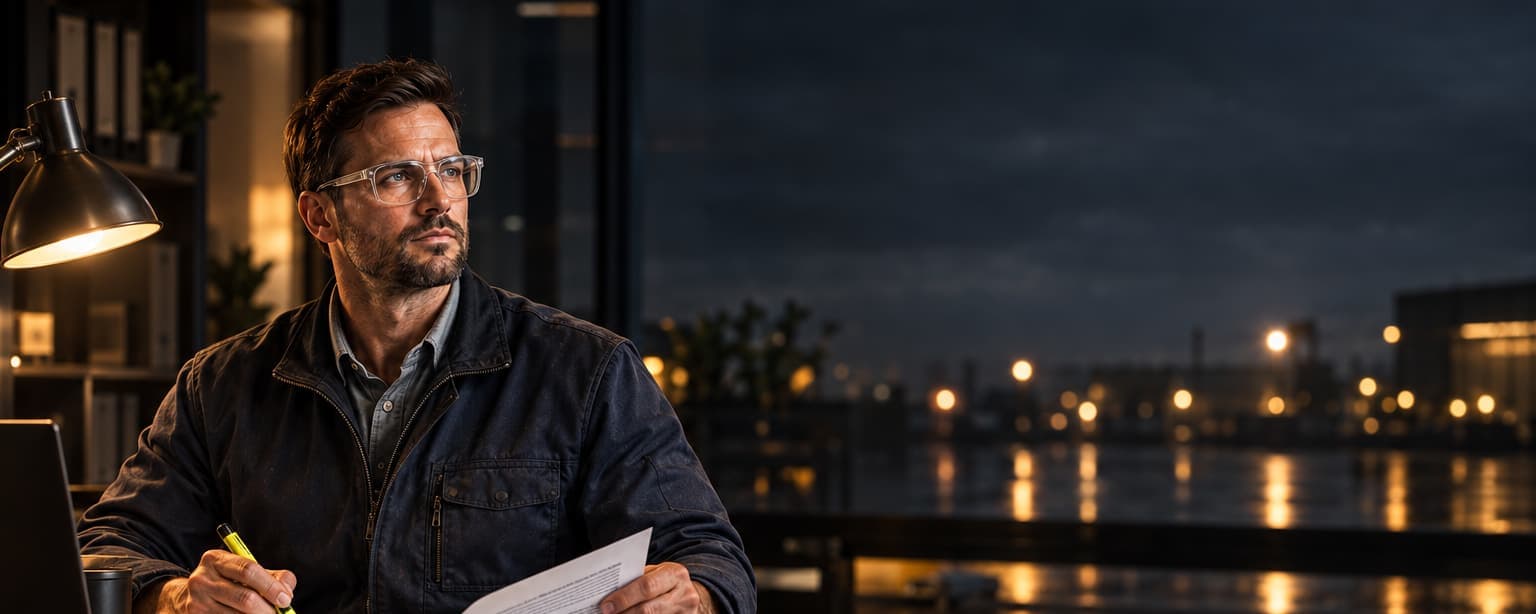 A business owner in safety glasses at a desk at night with a highlighter, comparing a printed contract against a policy document under a lamp