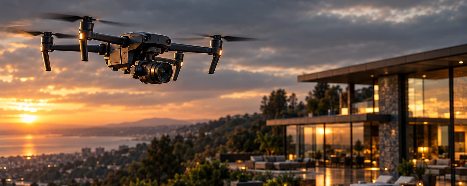 A camera drone hovering above a hillside house at sunset