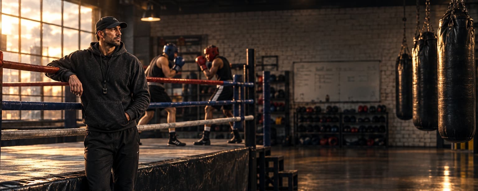 A boxing coach in a hoodie and cap leaning on the ring apron while two amateur boxers in headgear spar behind him, heavy bags and a whiteboard on the brick wall of the gym