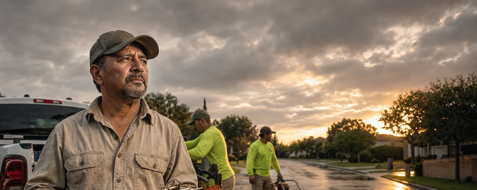 A Latino landscaping contractor in his fifties at the tailgate of a work truck at first light, reading a subcontractor’s paperwork on a clipboard while two crew members unload mowers behind him