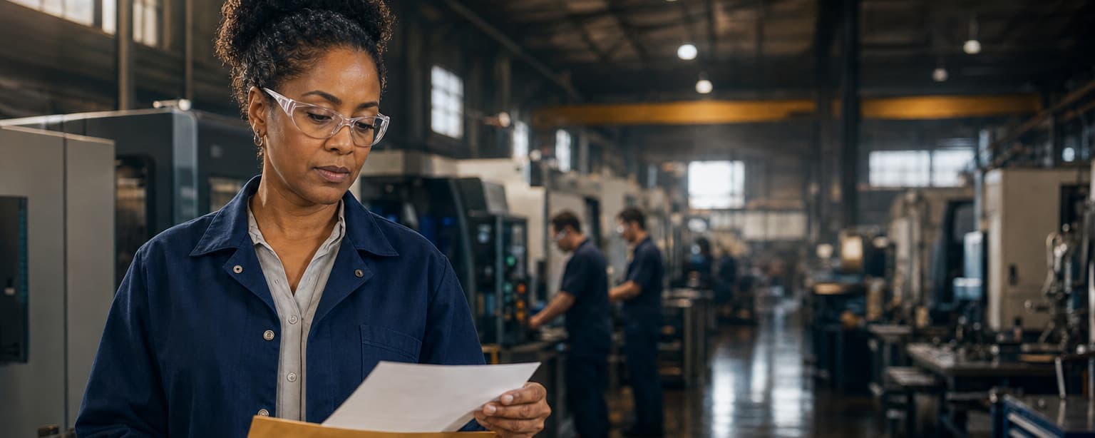 A Black woman in her forties who owns a small manufacturing business standing at the end of a production line, reading a legal envelope she has just opened, machines and two workers in the background