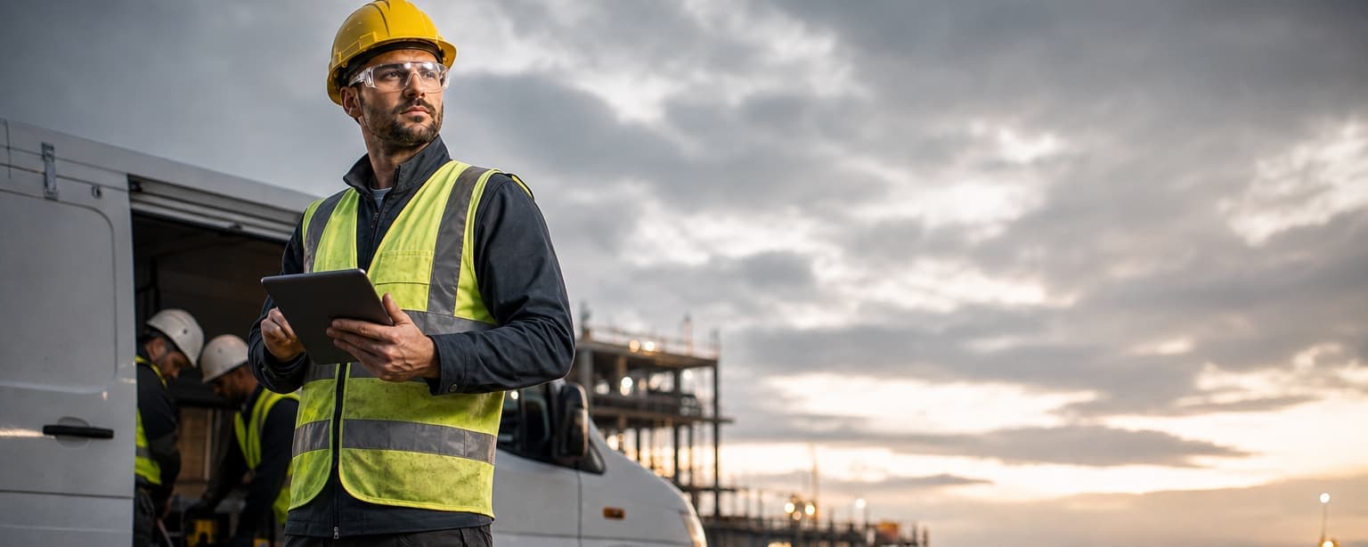 A site supervisor in a plain jacket checking a tablet beside a parked work van, two workers loading tools in the background
