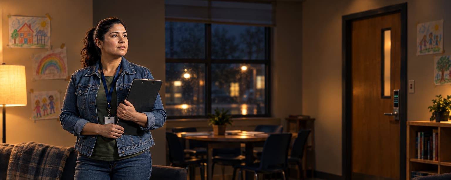 A shelter advocate in a denim jacket and lanyard standing in the softly lit common room of a residential shelter at night, a reading lamp on, children’s drawings taped to the wall and a keypad lock on the door behind her