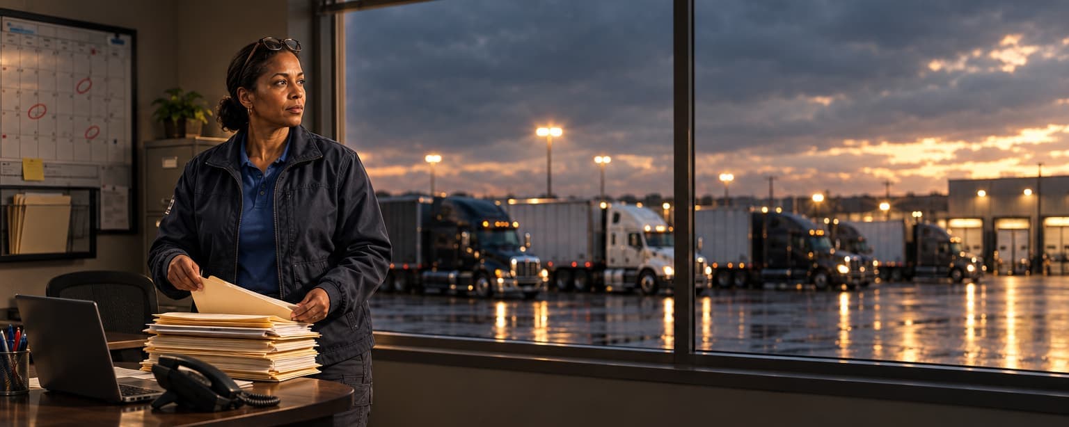 A compliance specialist in an office over a truck yard at dusk, holding a stack of driver files beside a laptop and a desk phone, a wall calendar with deadlines circled behind her and tractor units parked under the yard lights outside the window