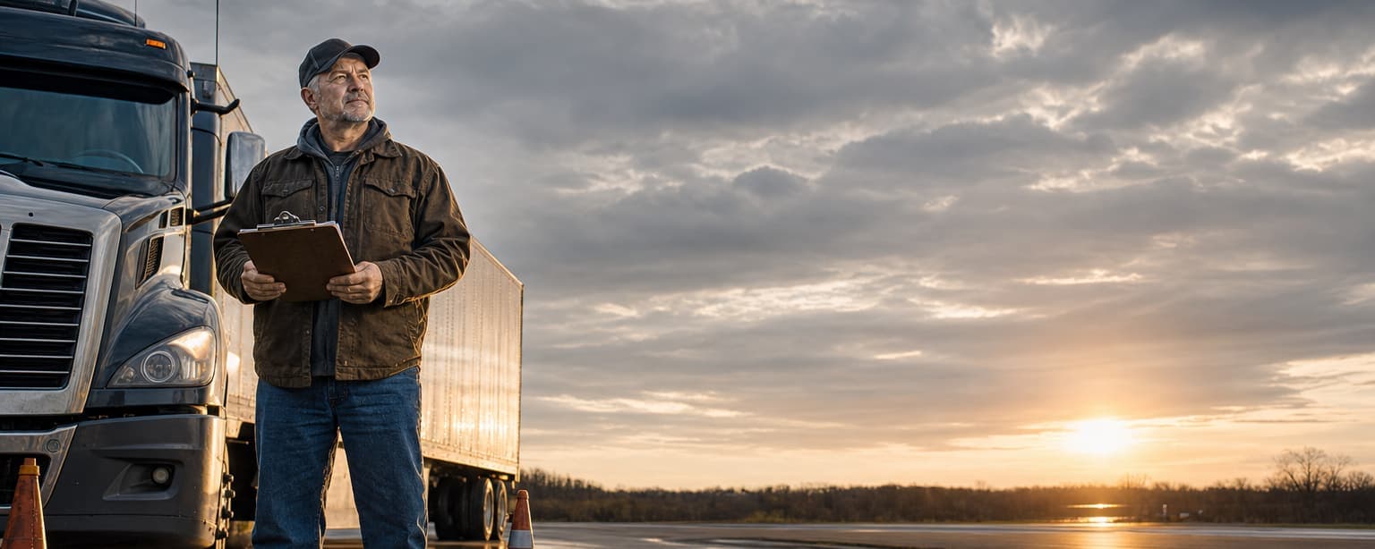 A truck driver in a cap holding a clipboard at the front of his tractor on the highway shoulder, inspection cones set out beside him