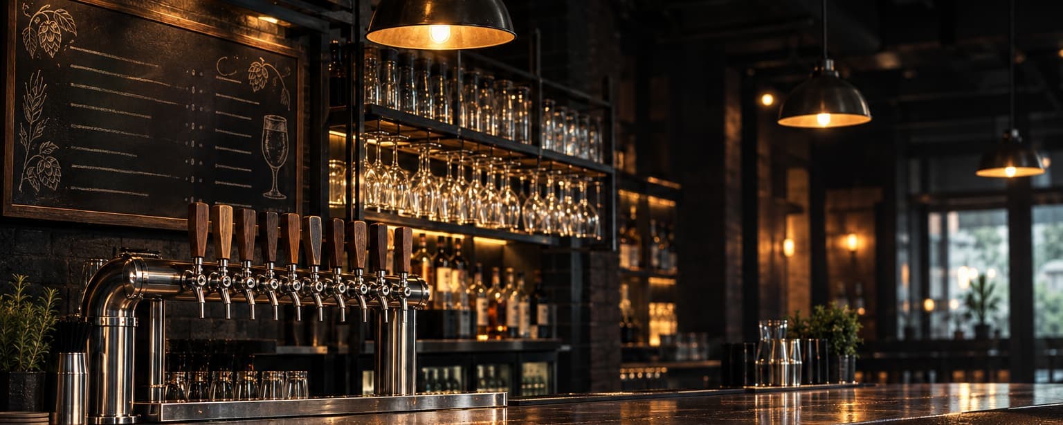 A chalkboard of drink specials on a bar wall beside a row of beer taps and hanging glassware under a warm pendant light