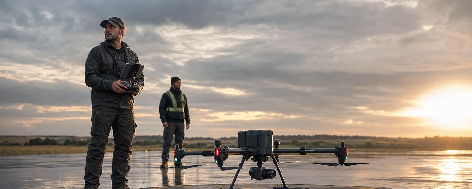 A commercial drone pilot at the controls with a spotter, aircraft on the pad at sunrise