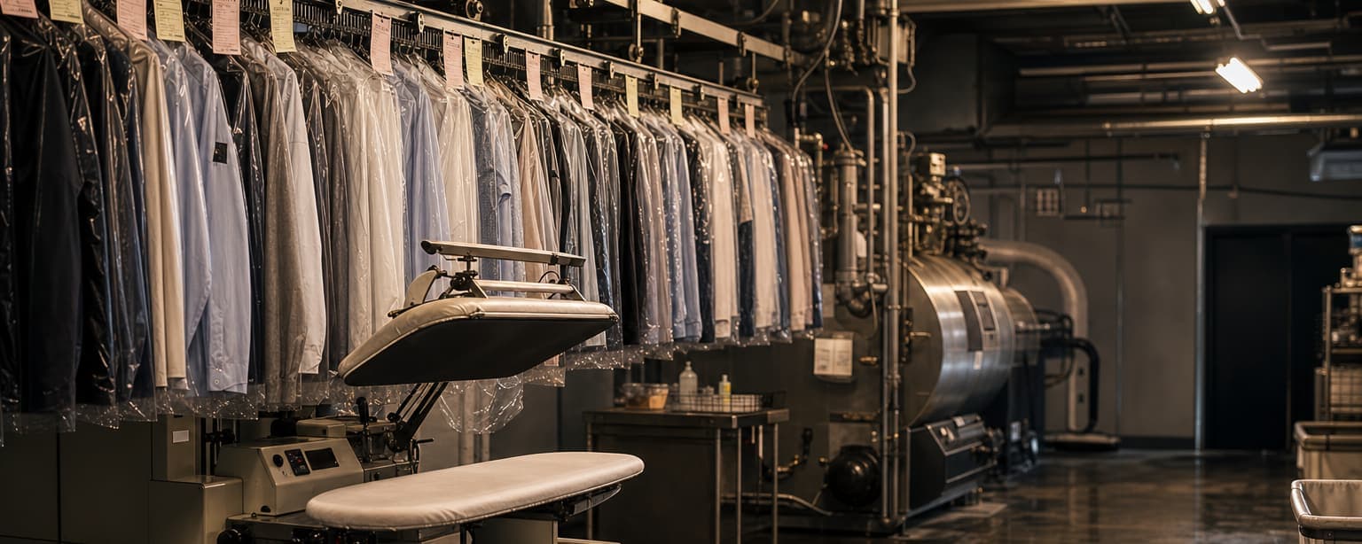 A dry cleaner’s back room, a conveyor of bagged garments running overhead, a shirt press and boiler behind and numbered tickets clipped along a rail