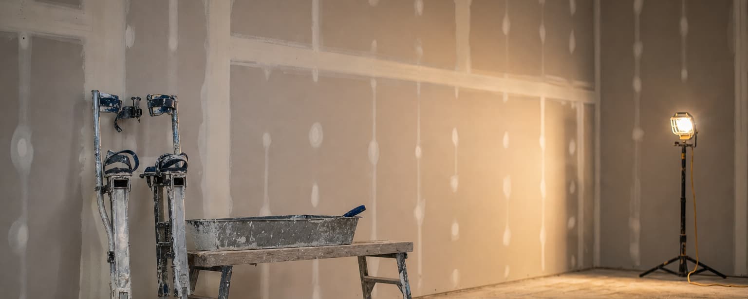 A room mid-drywall, hung sheets with taped and mudded seams drying, a pair of stilts and a mud pan on a bench and a work light on a stand throwing raking light across the wall