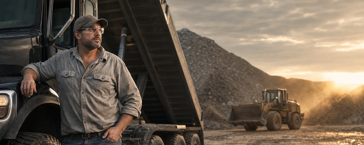 A dump truck driver in a ball cap and safety glasses leaning on the cab of a tri-axle with its bed raised, a wheel loader and a pile of crushed rock behind him at golden hour