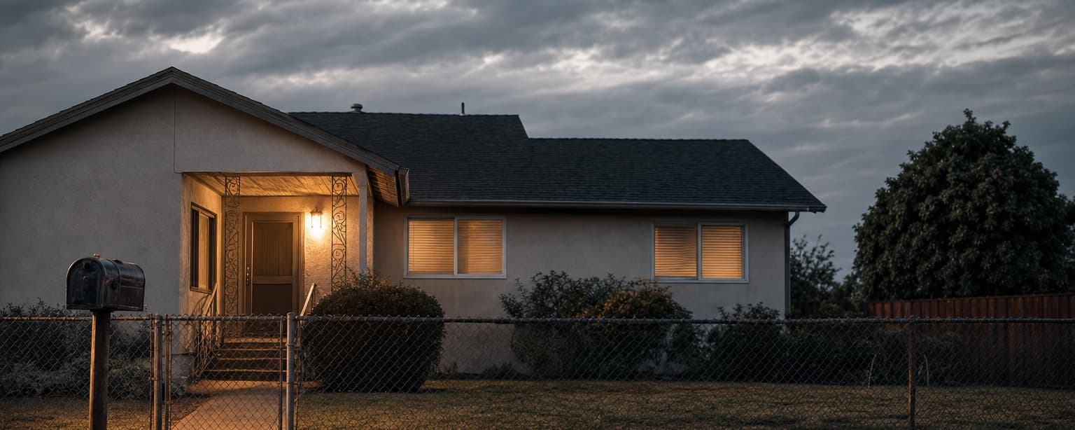 A single-story rental house at dusk with the porch light on, a chain link fence across the front yard and a mailbox at the curb