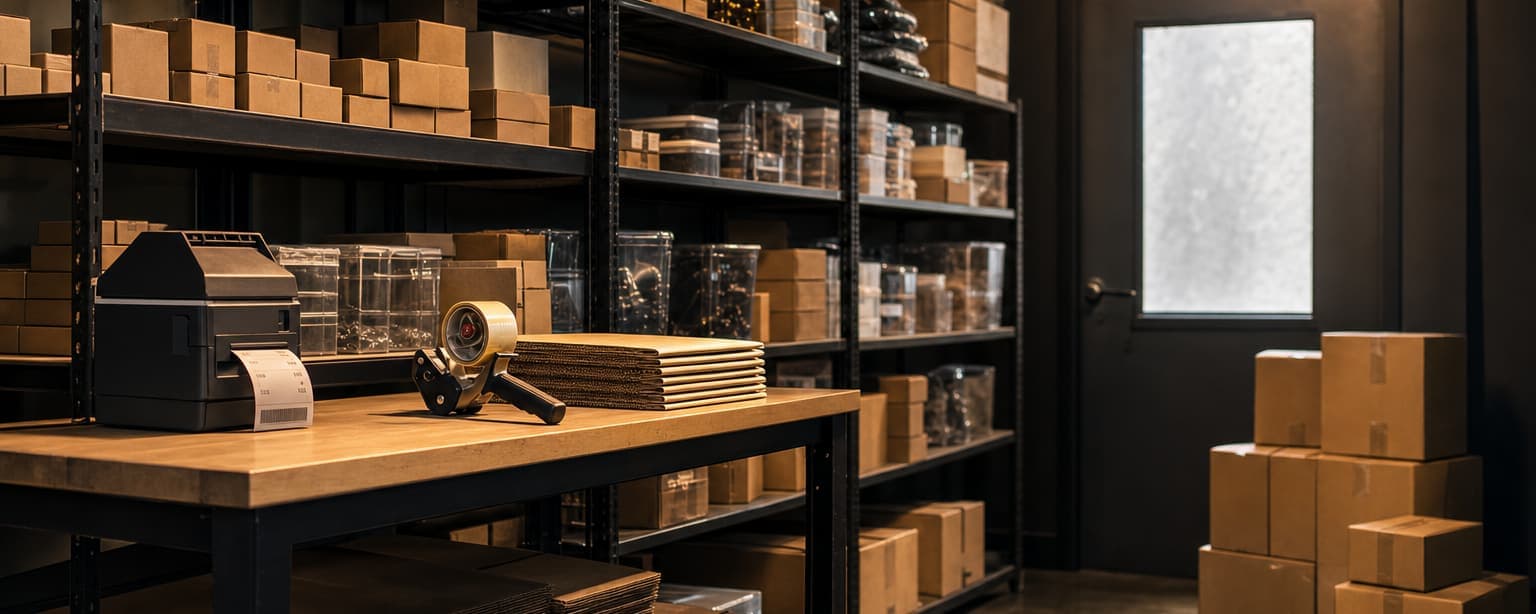 A small e-commerce fulfillment room, shelving racked with stocked product, a packing bench with a label printer, tape gun and stacked mailers and sealed boxes waiting by the door