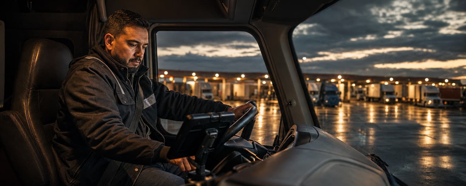 A driver in the cab checking the electronic logging device on the dash, a lit truck stop through the windshield before sunrise