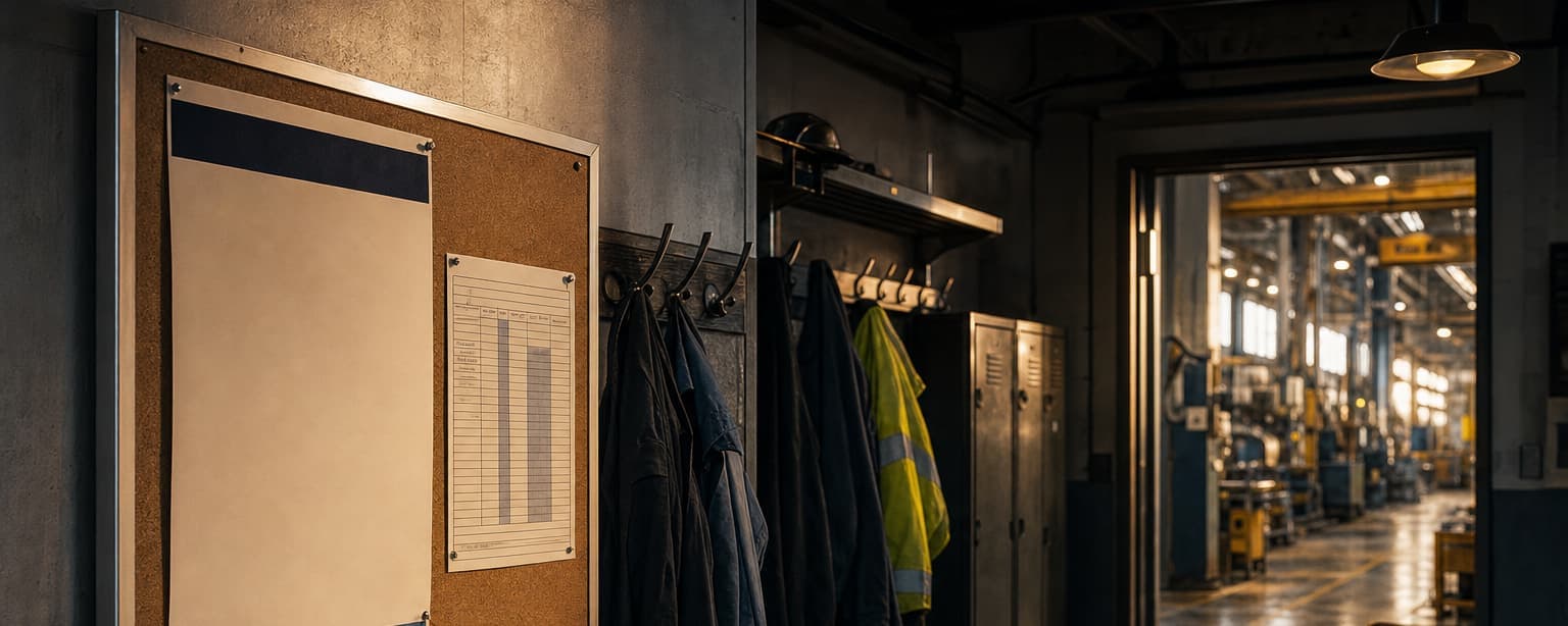 A break room notice board in a small manufacturing plant, a blank poster and a printed roster pinned behind glass, work coats and a hi-vis jacket on hooks along the wall and the lit plant floor through the open doorway