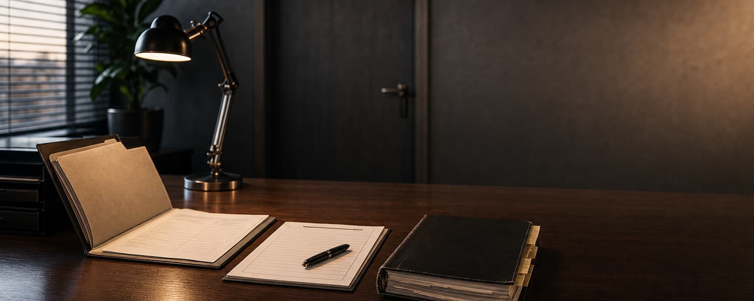 A desk under a lamp with an open personnel binder, a blank legal pad, a pen and a closed folder set to one side