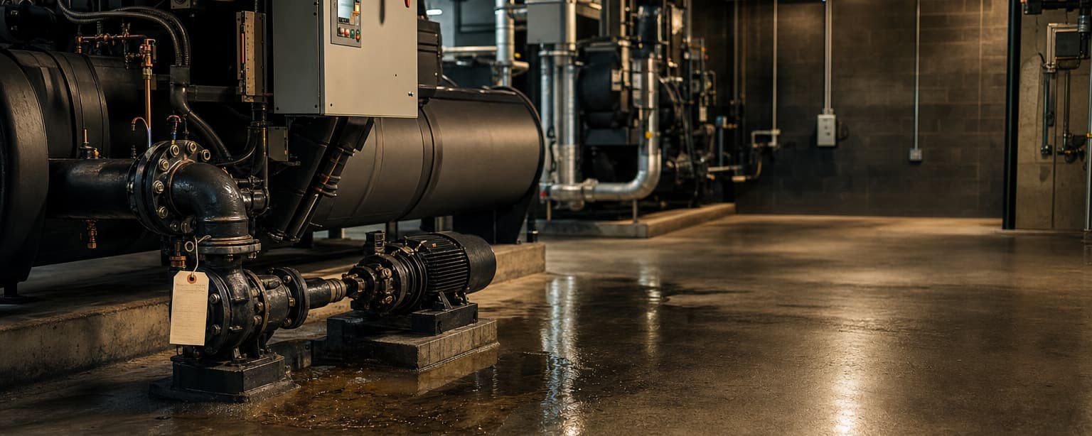 A plant room with chillers, pumps and pipework beside a wall-mounted control panel, a tag hanging from one valve