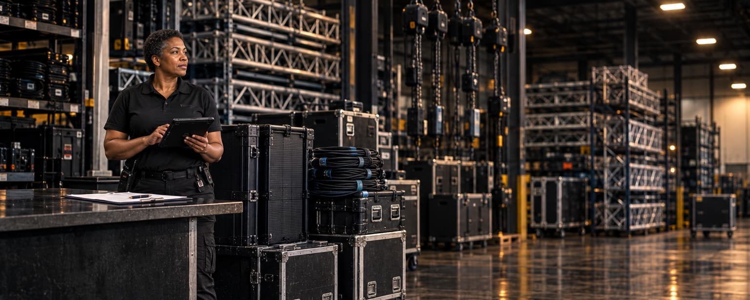 A rental manager in a black polo checking a tablet at the counter of an AV and staging warehouse, a rental agreement on a clipboard beside her, road cases and coiled cable on carts, and racks of truss and chain motors behind