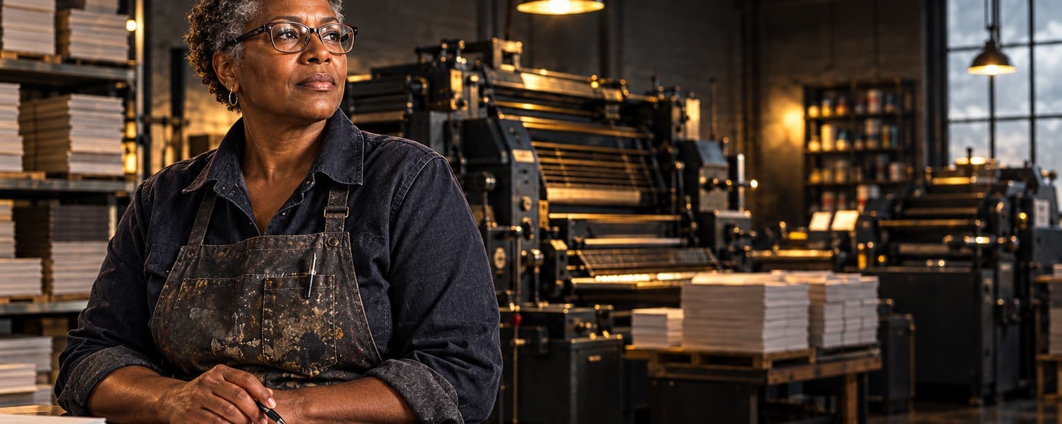 A print shop owner in her late fifties sitting at a workbench after closing with a folder of signed documents, printing presses lit behind her
