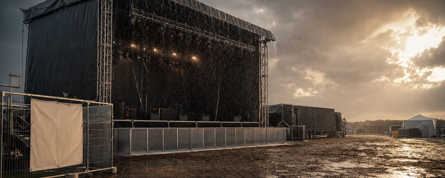An outdoor stage rigged and empty under a wet gray sky, barriers up and the field in front churned to mud