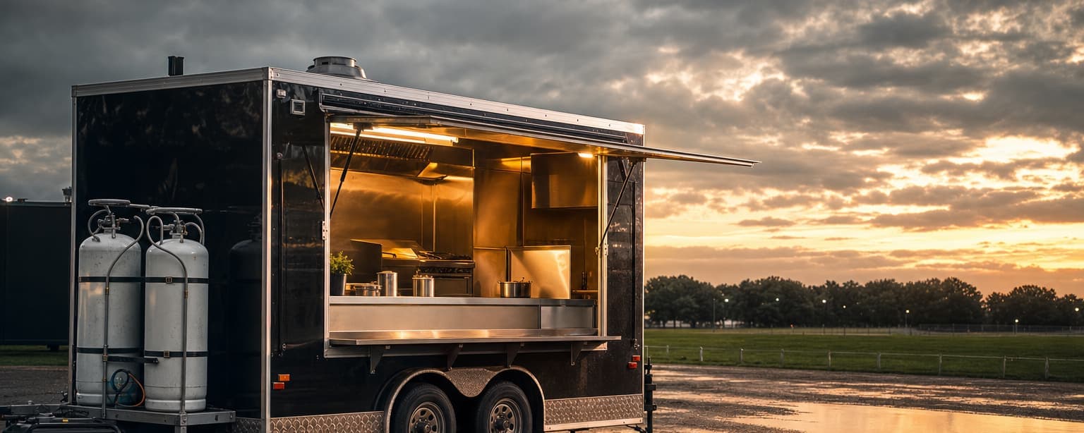 A food concession trailer set up on a festival ground at golden hour, serving awning open with a chalk menu board, propane tanks strapped at the side and a generator behind