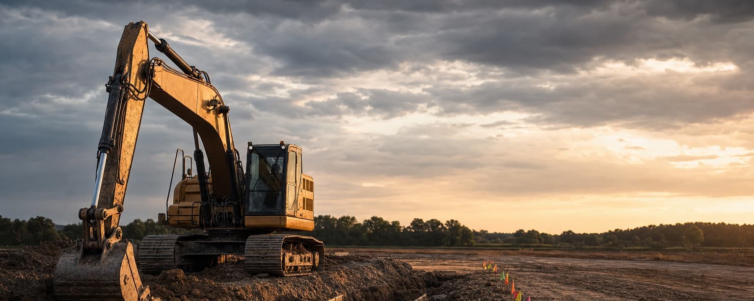 An excavator digging a foundation trench on a cleared lot at golden hour, spoil piled alongside, trench shoring plates staged and a line of marked utility locate flags