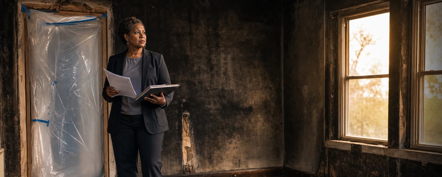 A landlord standing in a fire-damaged rental unit holding a lease and a rental ledger, taped plastic sheeting over a doorway behind her