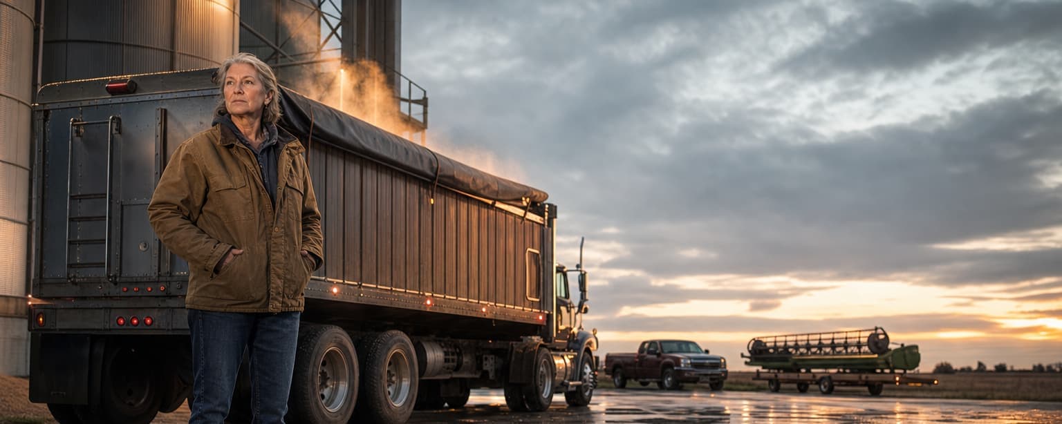 A farmer in a canvas work jacket standing beside her tarped grain semi at a country elevator at dawn, steam off the wet lot, a pickup and a combine header on a trailer parked behind