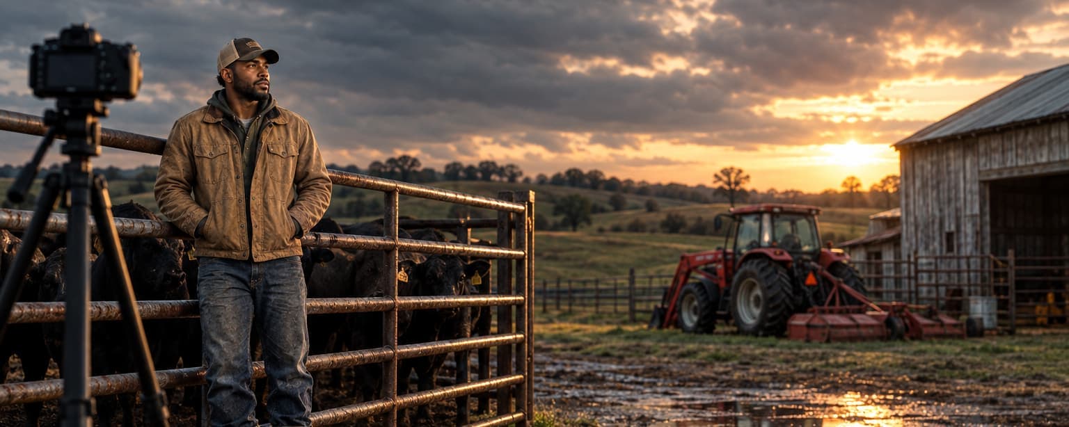 A rancher in a canvas work jacket and cap leaning on a cattle pen at sunset, a camera on a tripod in the foreground and a red tractor with a mower hitched by the barn behind him