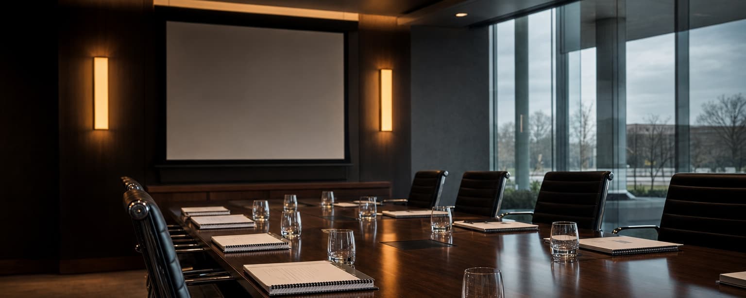 A boardroom table set for a retirement plan committee meeting, bound plan documents and a printed agenda at each seat, water glasses and a lowered projector screen