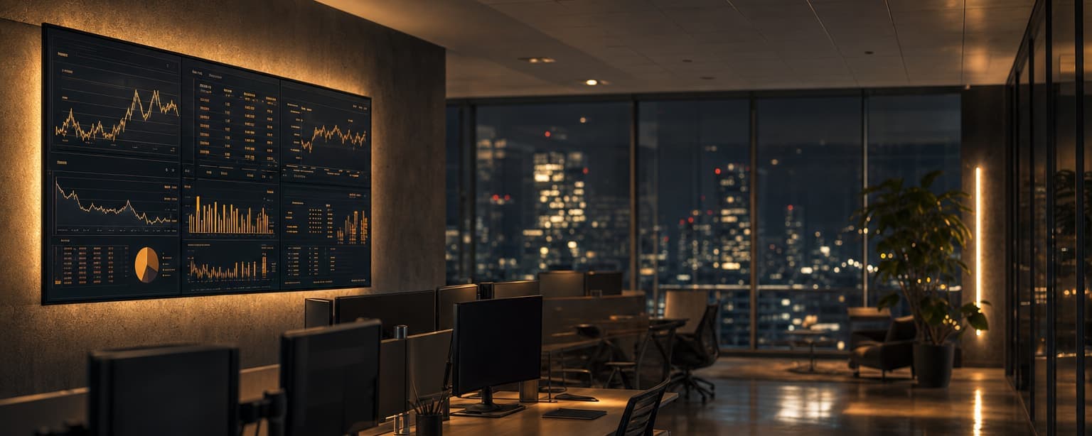 A fintech office at night, a wall-mounted monitor showing transaction dashboards and charts with empty desks in the foreground and city lights through the glass wall