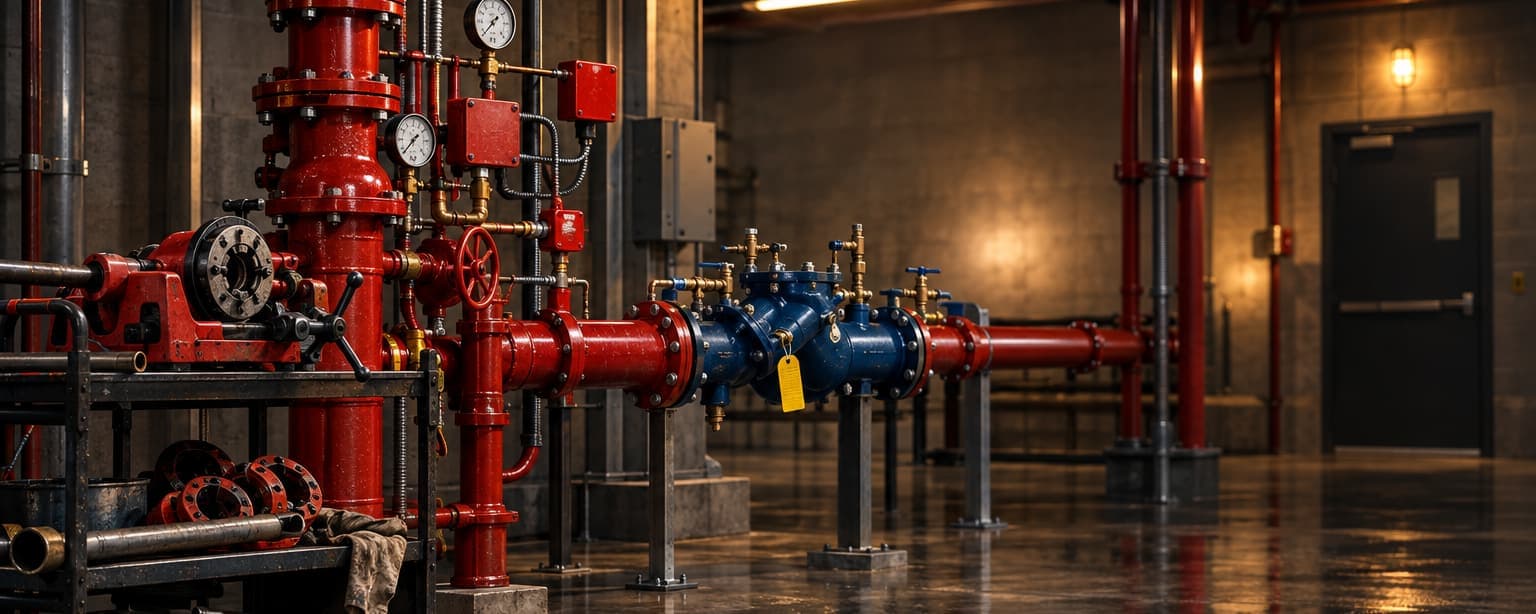 A mechanical room with a sprinkler riser, red pipes, gauges and a flow switch, a tagged backflow preventer and a pipe threader on a cart