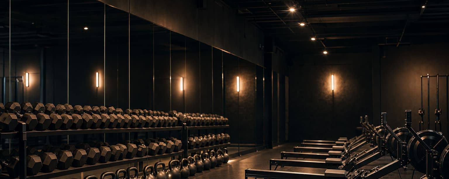 A boutique fitness studio before opening, racked dumbbells and kettlebells along the mirrored wall and a row of rowing machines on rubber flooring under low accent lighting