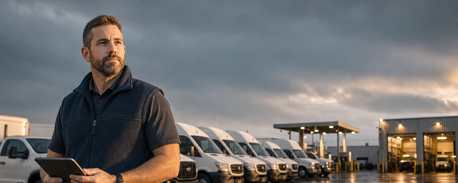 A fleet manager in a fleece vest holding a tablet in front of a row of matching white cargo vans in a depot yard at first light, fuel canopy and maintenance bays behind