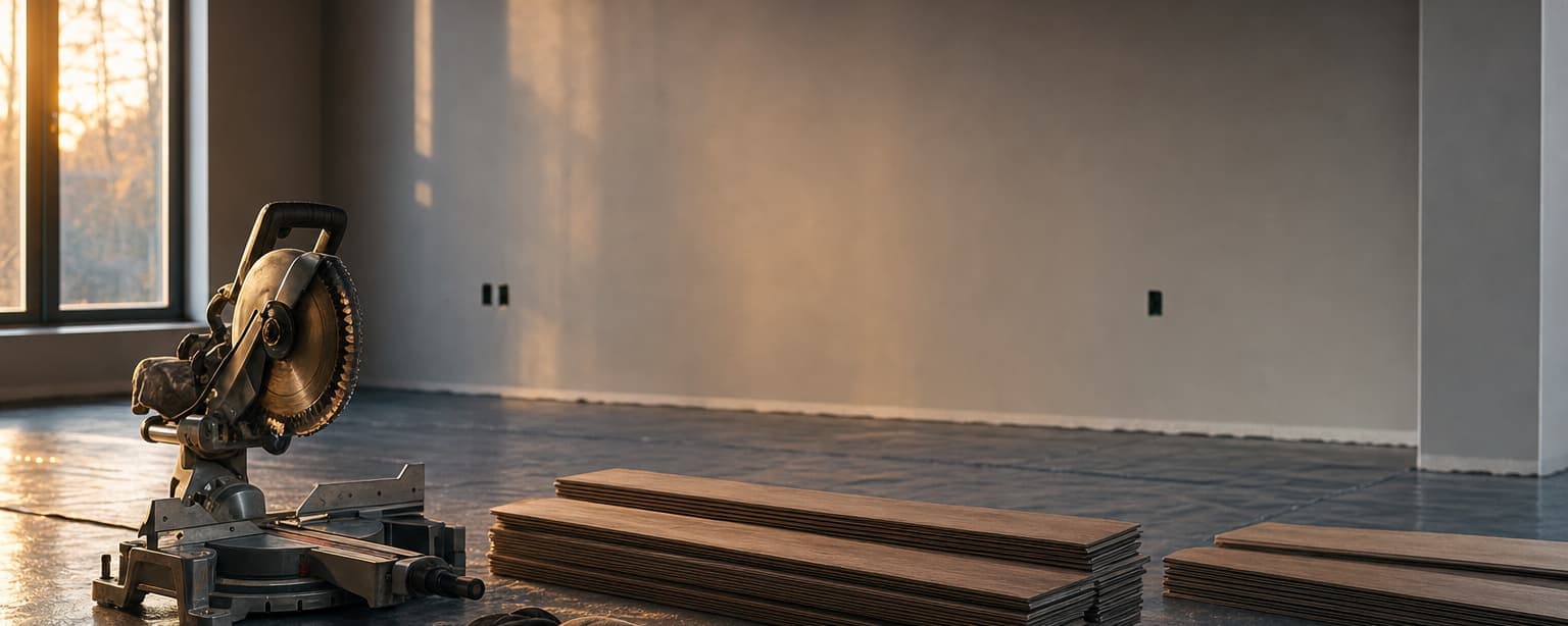 An empty room mid-installation, engineered plank stacked in bundles and a miter saw set up on a bare subfloor in low window light