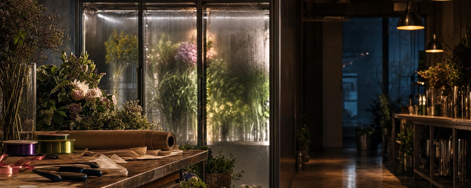 A florist’s workroom, buckets of cut stems on the floor and a bench strewn with wrapping paper, shears and ribbon spools, the misted glass of a walk-in cooler behind