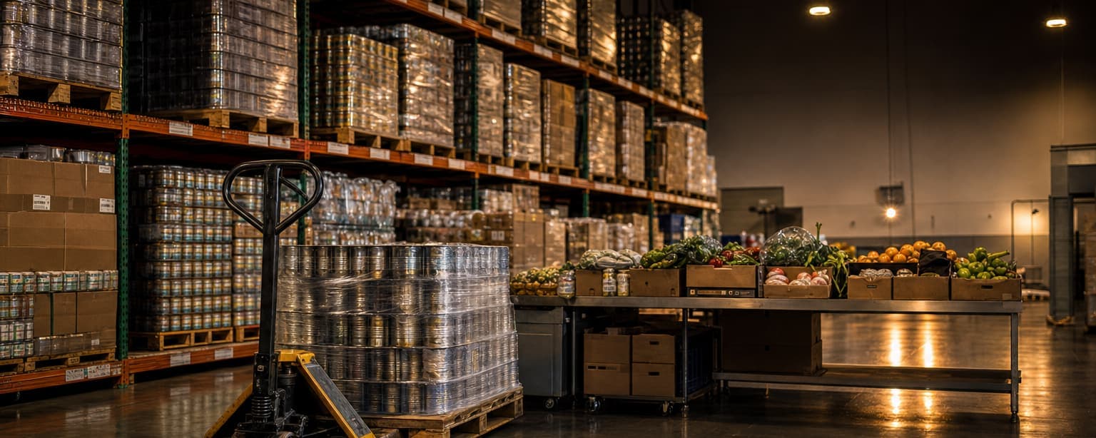 A food bank warehouse, pallets of canned goods racked high and a sorting table piled with produce boxes, a pallet jack standing in the aisle under high bay lights