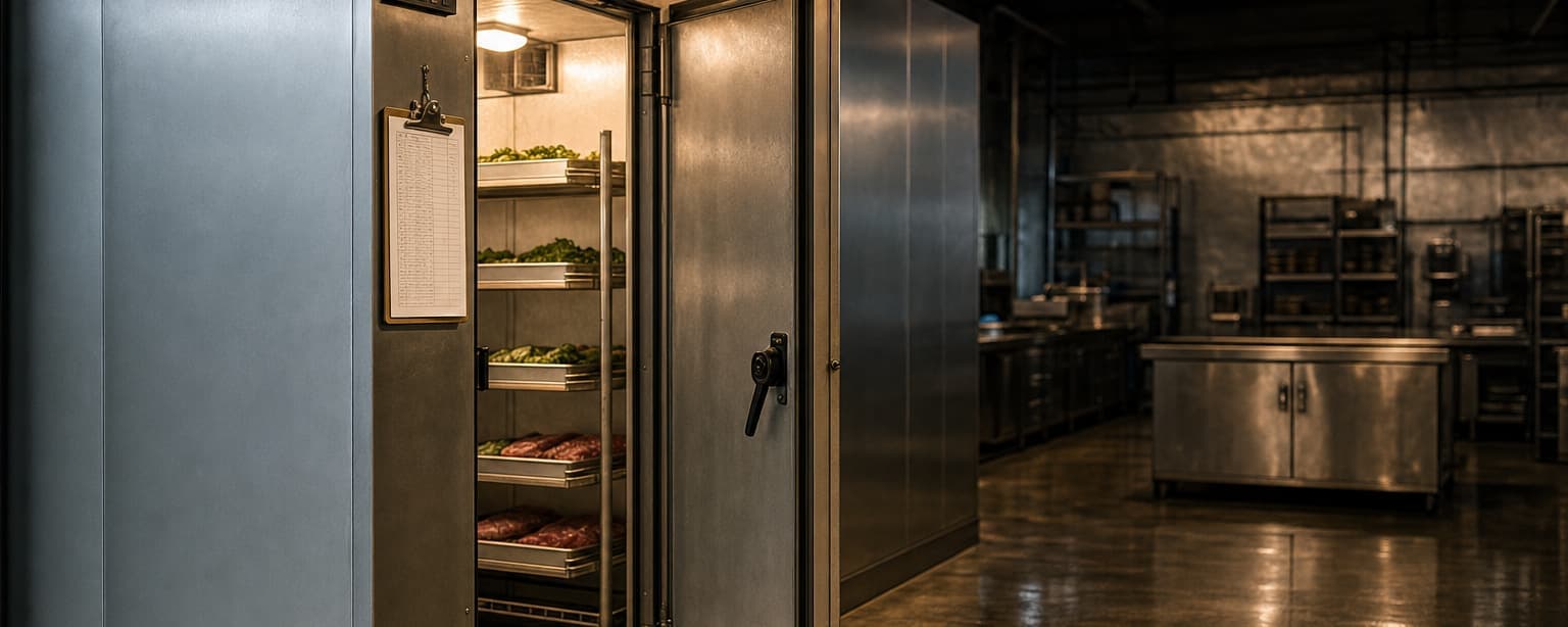 An open walk-in cooler in a commercial kitchen with racks of produce and a clipboard hanging inside the door, stainless prep tables beyond