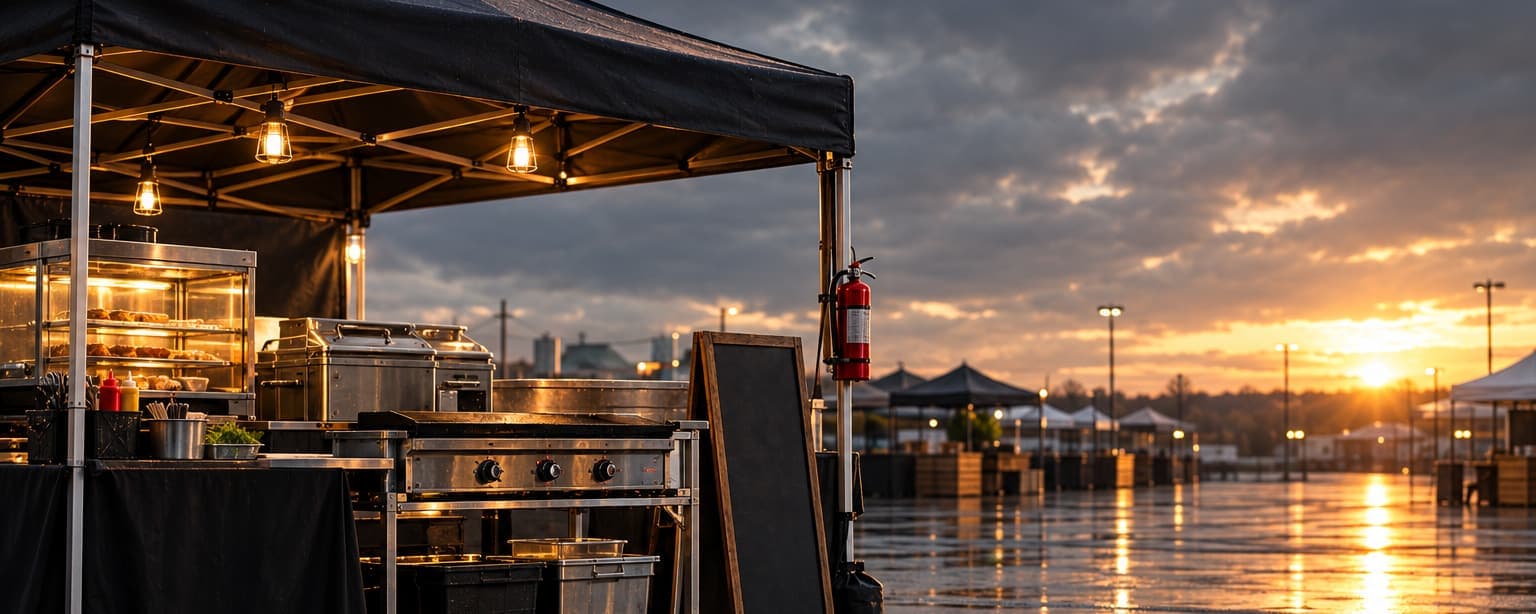 A food vendor tent at an outdoor market at dawn, a flat-top grill and warmers under the canopy, a chalk menu board and a fire extinguisher strapped to the tent leg