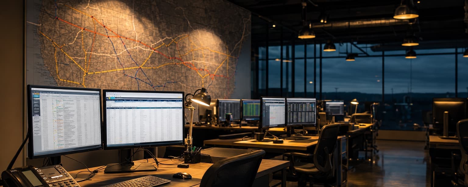 A freight brokerage floor at night, desks with load boards filling dual monitors, a large wall map with lanes marked in tape and headsets resting on the desks
