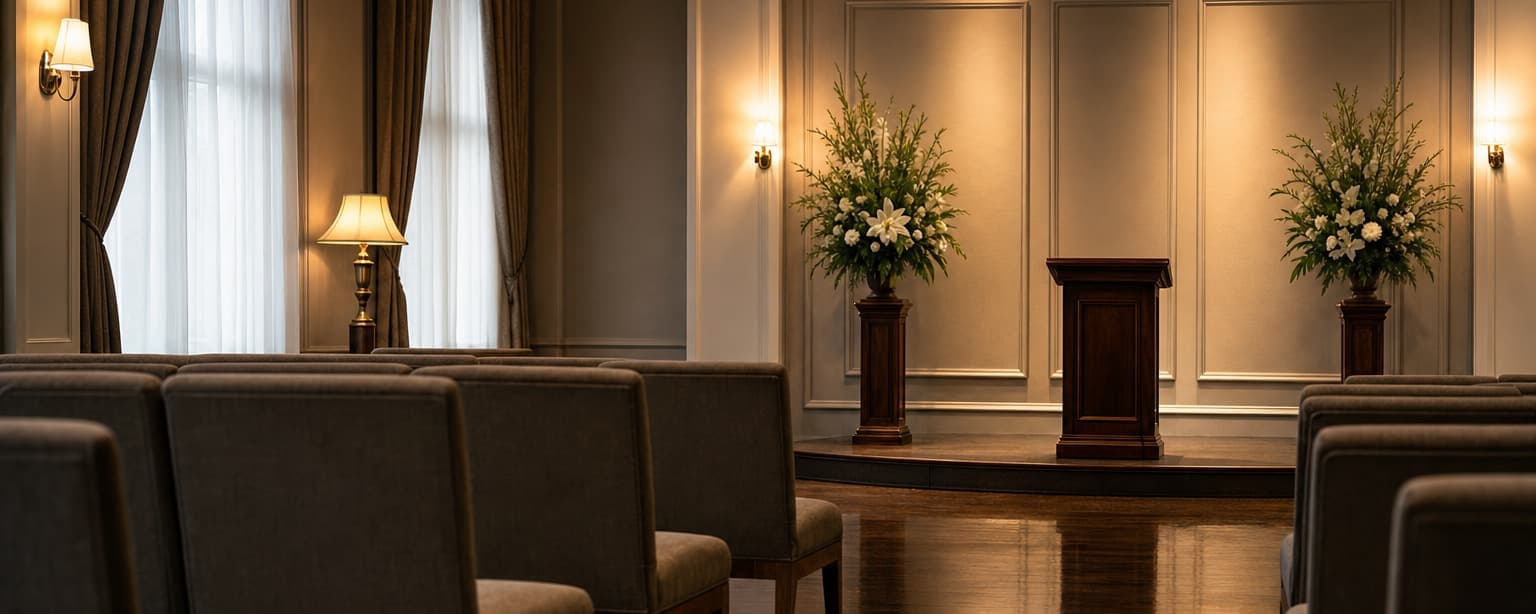 A funeral home chapel before a service, rows of upholstered chairs facing a low dais with a lectern and floral stands either side, warm lamps and soft window light