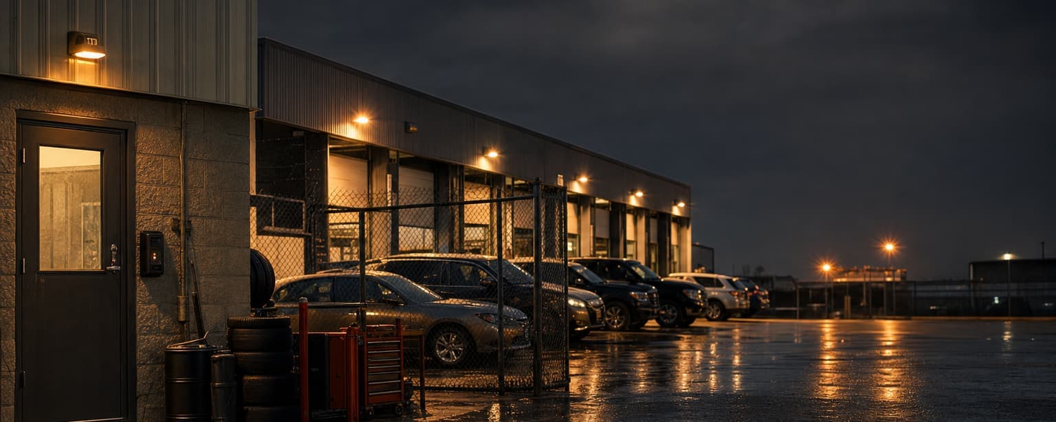 A row of repair bays lit from inside at night with customer cars parked nose-in along the front of the shop
