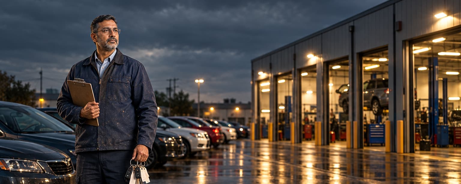 A repair shop owner in a work jacket holding a clipboard and a ring of tagged customer keys, standing in front of customer cars parked nose-in outside lit repair bays at night