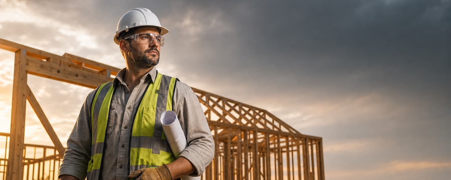A general contractor in a hard hat, safety glasses and hi-vis vest holding rolled plans in front of a wood-framed house at sunset